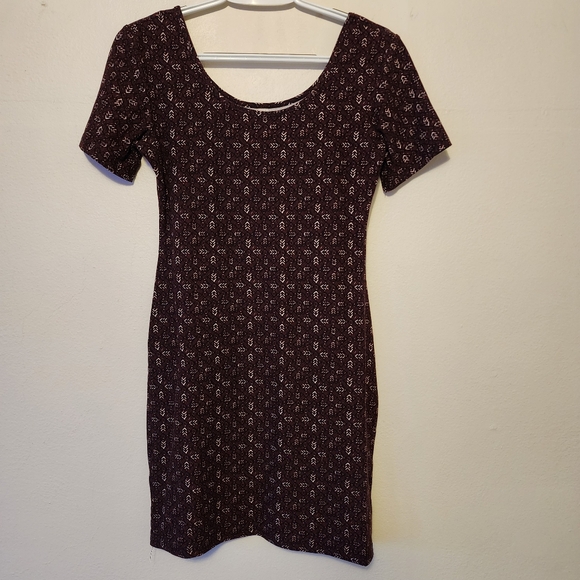 MUDD Maroon Burgandy Brown Black Cream Pattern Form Fitted Bodycon Dress Medium - Picture 6 of 14